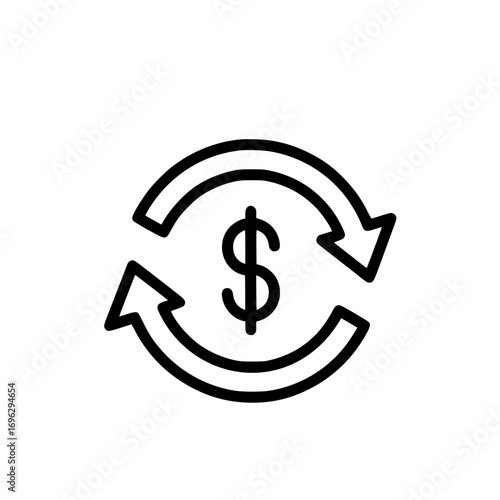 Dollar sign with circular arrows vector icon symbolizing money circulation, economy, and financial exchange