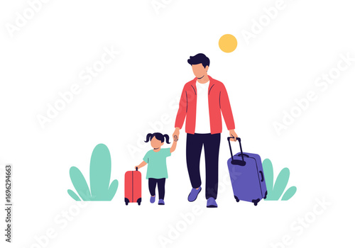 Father and daughter traveling together with luggage on a sunny day outing