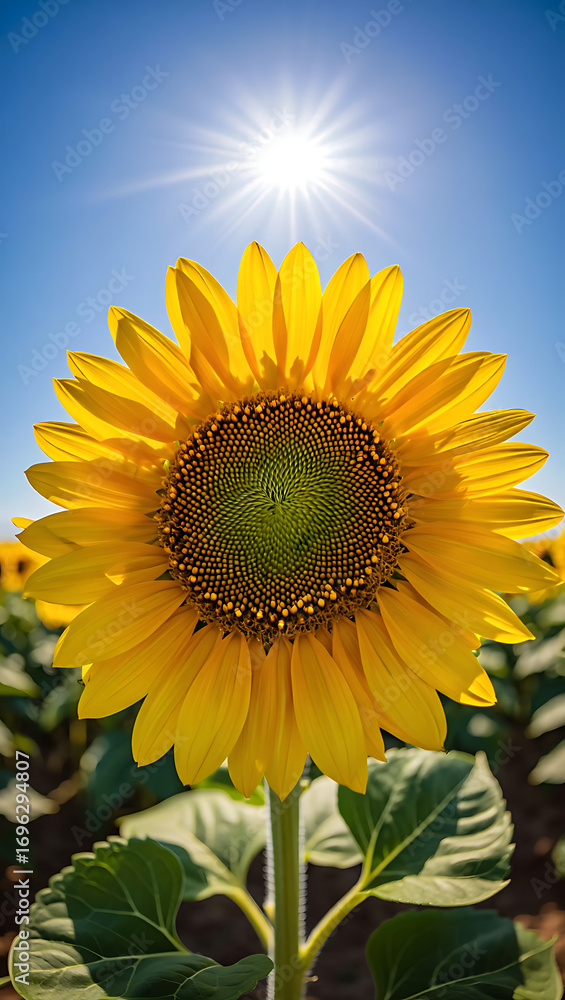 Obraz premium A vibrant sunflower in full bloom under a bright sunny sky, showcasing its yellow petals and dark center with a field of sunflowers in the background