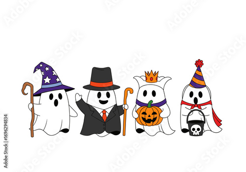 Four cute cartoon ghosts dressed up for halloween trick or treat fun