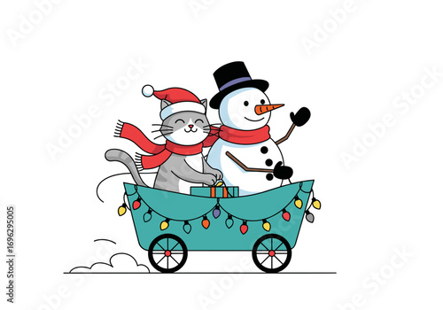 A cute cat and snowman enjoying a festive christmas sleigh ride with colorful lights and gifts