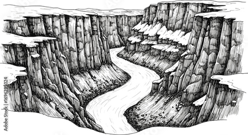 Dramatic Ink Drawing of Winding River in Snow-Covered Canyon