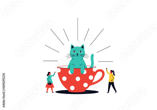 A cute green cat sits inside a giant red polka dot teacup being adored by two small people