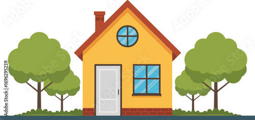 Illustration of a yellow house with trees and a red roof top