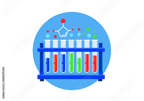 Colorful chemical reactions and experiments in the laboratory with molecular structure symbols and bubbles representing scientific discovery