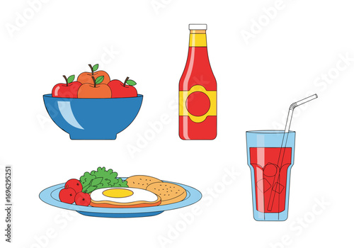 A plate of food with fried egg toast salad and fruit a bottle of red sauce and a glass of red drink with a straw