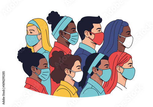 A diverse group of people wearing protective face masks during a global health event