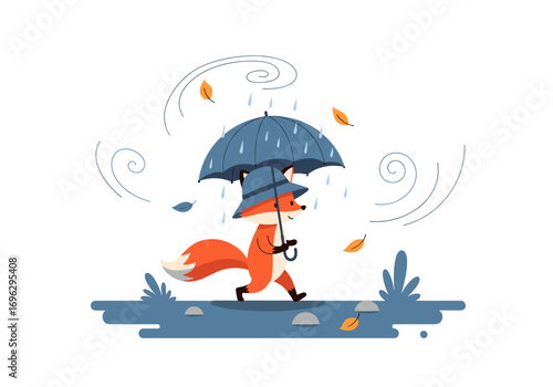 Charming fox in a hat and coat walks under an umbrella in the rain during autumn