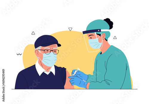 Elderly man receives vaccination against illness from medical professional wearing protective gear illustration