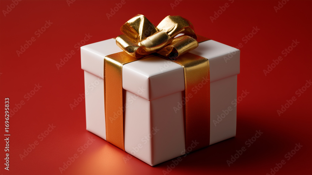 Obraz premium 金のリボンを結んだ白い贈り物箱を正面