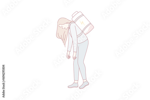 Low energy and tiredness concept. Young stressed tired woman standing with low battery as backpack on back feeling down vector illustration
