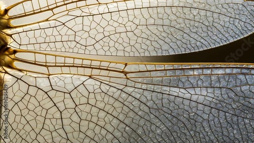 Backlit Dragonfly Wing Reveals Its Intricate Network of Golden Veins in Extreme CloseUp.