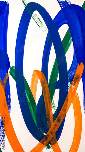 Abstract painting with bold, swirling lines of blue, green, and orange paint on white