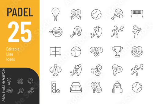 Padel line Editable Icons set. Vector illustration in modern thin line style of sport related icons: racket, court, ball, and more. Isolated on white background.