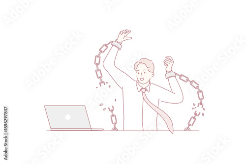 Freedom and breaking fetter concept. Young positive businessman worker sitting in office at laptop breaking fetters feeling free vector illustration