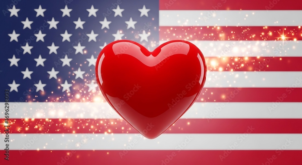 Obraz premium Red heart in front of the american flag with sparkling light effect