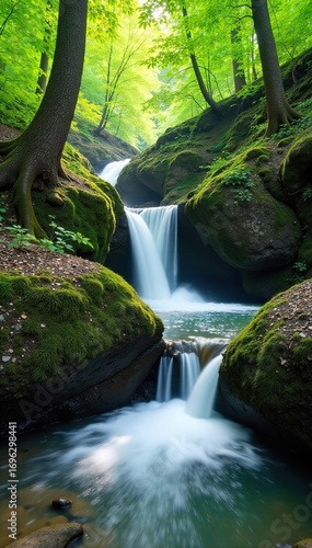 Serene springtime waterfall cascading over mossy rocks, sunlight dappling the lush green foliage Perfect for nature, travel, and environmental themes , vibrant, picturesque