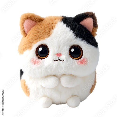 Adorable calico cat plush toy with big eyes.