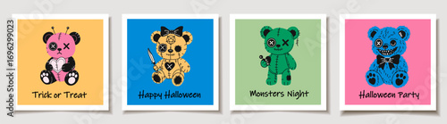 Set of four Colorful Halloween Bears with Horror Elements on Halloween Cards