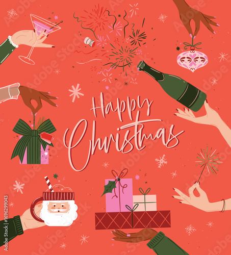Christmas celebration poster with hand holding bottle, gifts, fireworks, tree toy, cocktail glass and santa cup drawing in art vintage style on coral background.