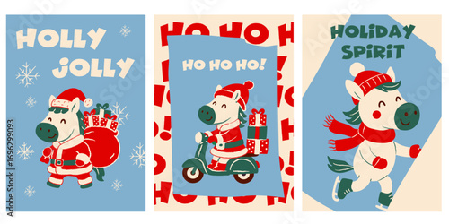 Set of cute cartoon horses dressed in Christmas outfits with gift bags, scarves, and hats, skating and riding a scooter, with holiday text and snowy backgrounds