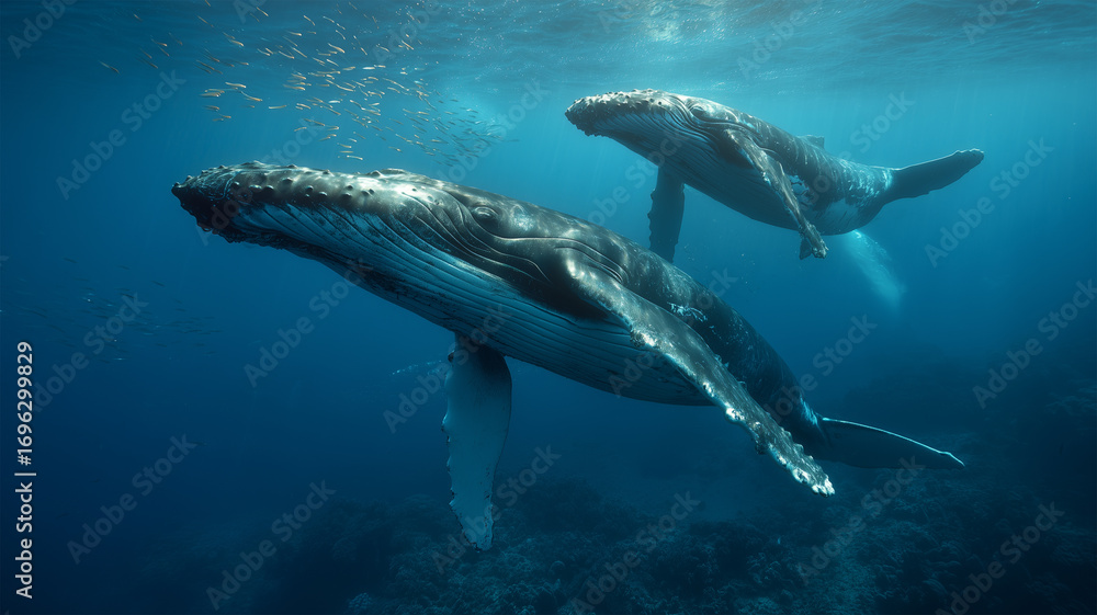 Fototapeta premium 外洋で泳ぐ親子のザトウクジラの穏やかな水中風景