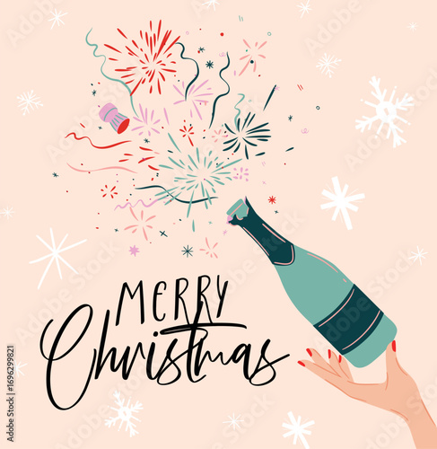 Christmas celebration poster with hand holding bottle with splash and sparkles drawing in art vintage style on beige background.