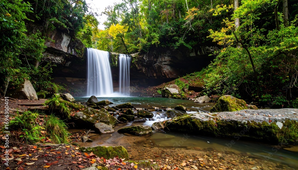 Fototapeta premium Waterfall cascading into a tranquil pool in a lush autumn forest