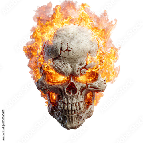 Fiery skull embodies death, danger, and the ephemeral nature of life.