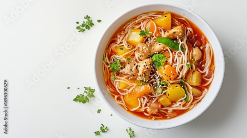 Bowl of Noodle Soup with Vegetables and Chicken in a Spicy Broth