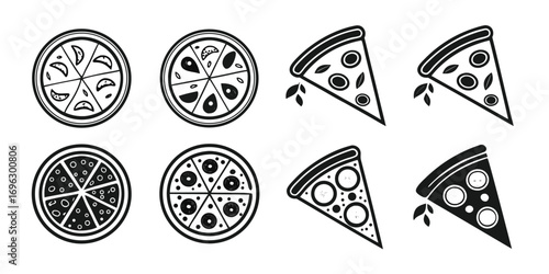 Collection of stylized pizza icons and slices.