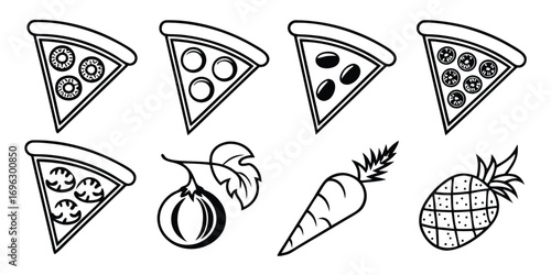 Collection of stylized pizza slices and fresh produce icons.