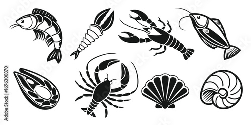 Collection of Stylized Seafood and Shellfish Icons.
