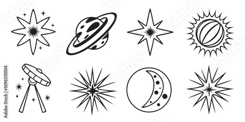 Cosmic Icons Collection Stars Planets Moon Sun Telescope.