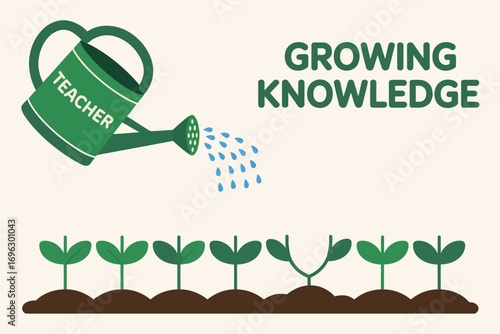A teacher watering can nurturing plants representing growing knowledge and educational development concept