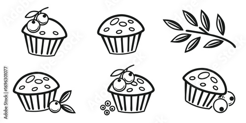 Cute Blueberry Muffin Icons with Leaves.