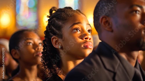 People at church service. Religious holiday. Church prayer. Black family in church.