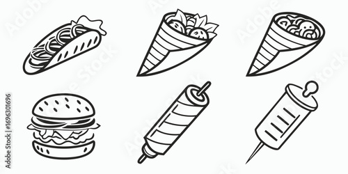 Fast Food Icons Collection Burger Wraps and Doner.