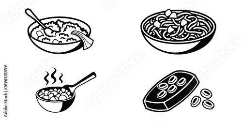 Four Bowls of Food and Ingredients Illustration.
