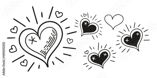 Hand Drawn Black and White Heart Illustrations.