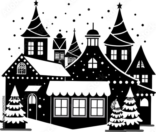 Christmas village with lights, shops, and snow-covered rooftops silhouette  vector black , white background