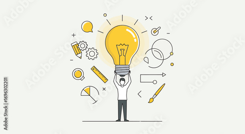 Person holding a bright lightbulb above their head surrounded by creative tools and abstract shapes, symbolizing innovation and fresh ideas on a clean white surface.