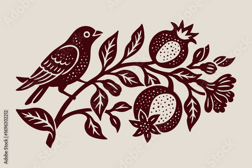 Bird on pomegranate branch engraving style floral vector illustration