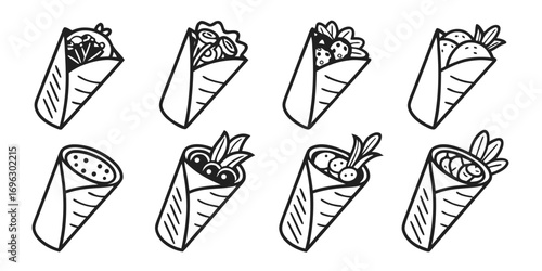 Handdrawn Doodle Style Wraps and Burritos Collection.