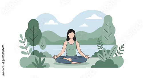 Woman practicing yoga in nature, meditating peacefully near a lake surrounded by trees and plants, creating a serene and mindful atmosphere.