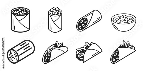 Mexican Food Icons Burritos Tacos and Bowls.