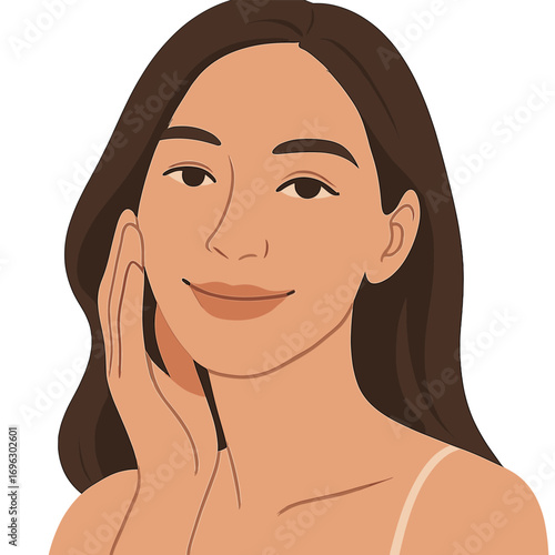 A close-up of a beautiful woman's face with natural makeup, her hand touching her face, exuding beauty and a smile