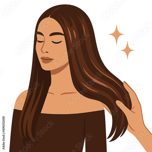 A stunning model with long, shiny brown hair, treated with keratin and spa care for a sleek look