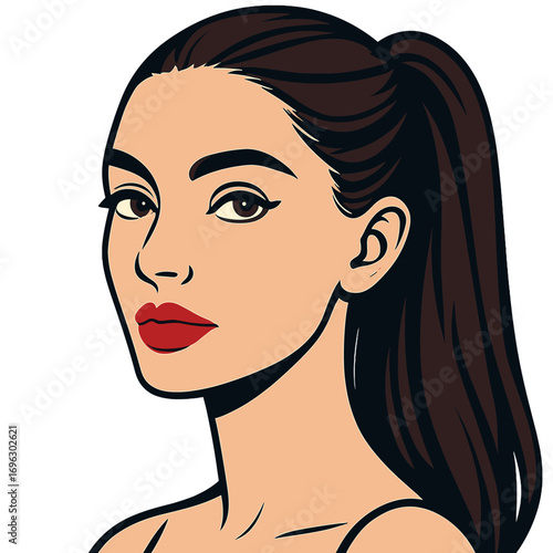 A beautiful white girl with red lipstick, a stunning brunette with long hair, a close‑up of a young woman’s healthy, clean skin, and a pretty woman with bright makeup