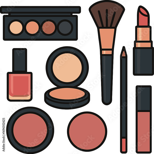 A flat‑lay top‑view of colorful makeup products against a background, featuring a woman, beauty, fashion, and decorative elements